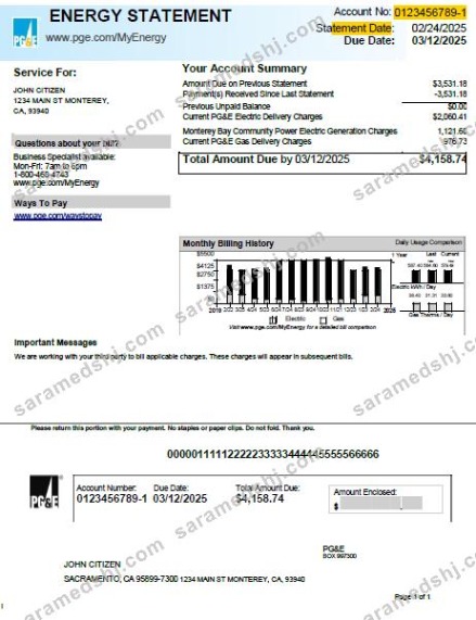USA PG&E utility bill template in Word and PDF formats, version 2